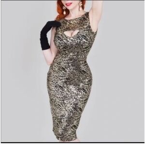 New Tatyana Gold Digger Retro Pencil Dress Pinup Sequin Cocktail Gold Black L